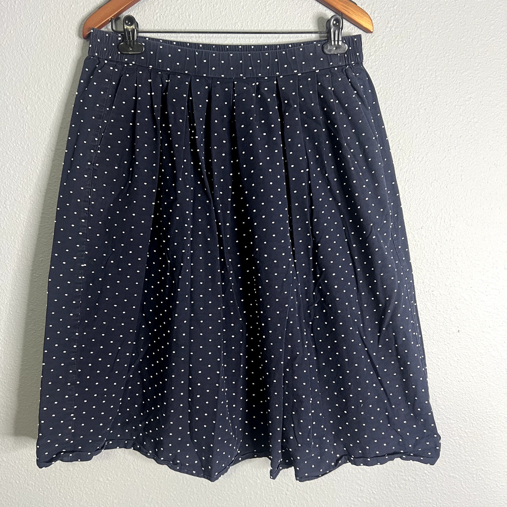 J.Crew Navy White Polka Dot Pleated A-Line Midi Skirt Size M